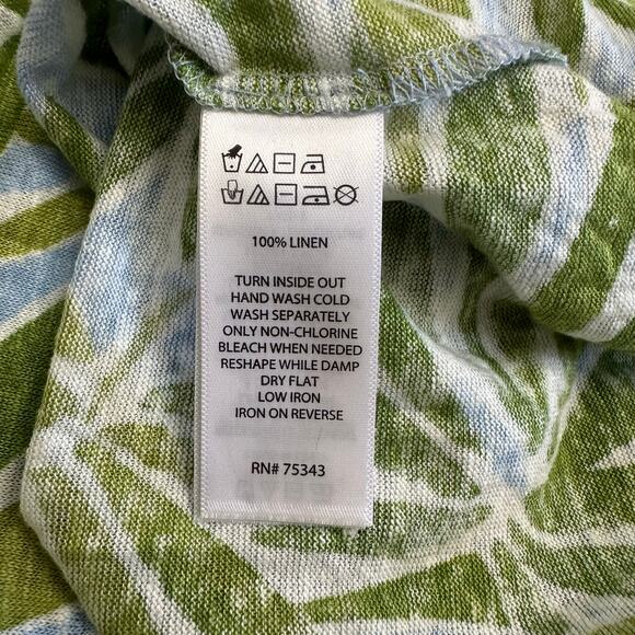 Sigrid Olsen Women’s L 100% Linen Top Green Palm‎ Leaf Print Blue Blouse - Picture 5 of 5
